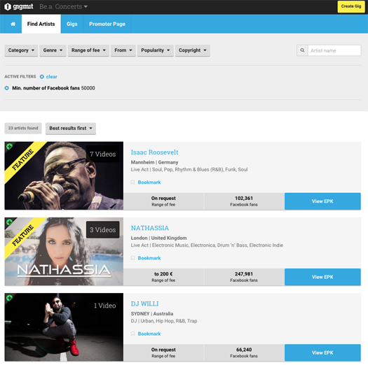 A search for artists with gigmit